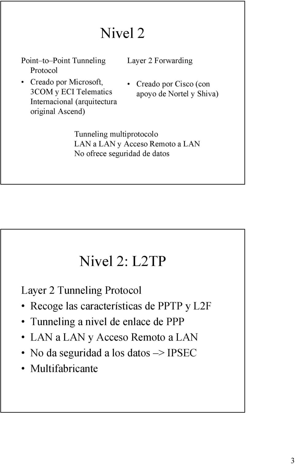 Acceso Remoto a LAN No ofrece seguridad de datos Nivel 2: L2TP Layer 2 Tunneling Protocol Recoge las características de