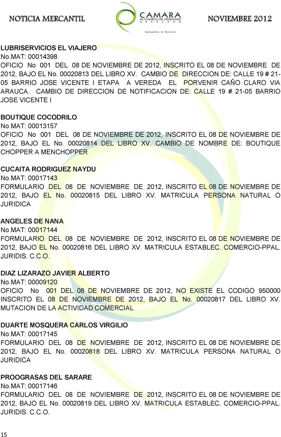 CAMBIO DE DIRECCION DE NOTIFICACION DE: CALLE 19 # 21-05 BARRIO JOSE VICENTE I BOUTIQUE COCODRILO No.
