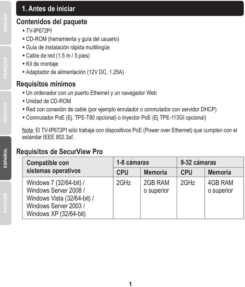 25A) Requisitos mínimos Un ordenador con un puerto Ethernet y un navegador Web Unidad de CD-ROM Red con conexión de cable (por ejemplo enrutador o conmutador con servidor DHCP) Conmutador PoE (Ej.
