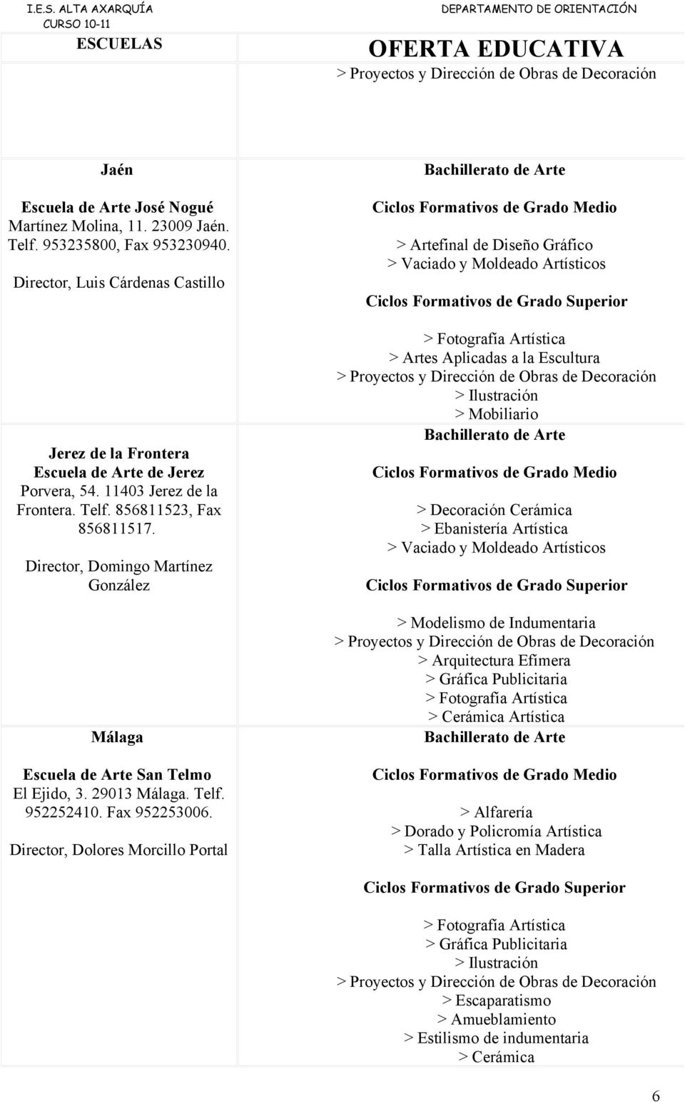 Director, Domingo Martínez González Málaga Escuela de Arte San Telmo El Ejido, 3. 29013 Málaga. Telf. 952252410. Fax 952253006.