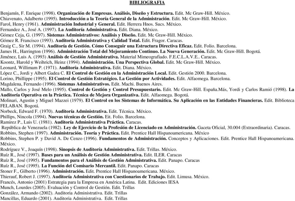 (1997). La Auditoría Administrativa. Edit. Diana. México. Gómez Ceja, G. (1997). Sistemas Administrativos: Análisis y Diseño. Edit. Mc Graw-Hill. México. Gómez R. Francisco (1993).