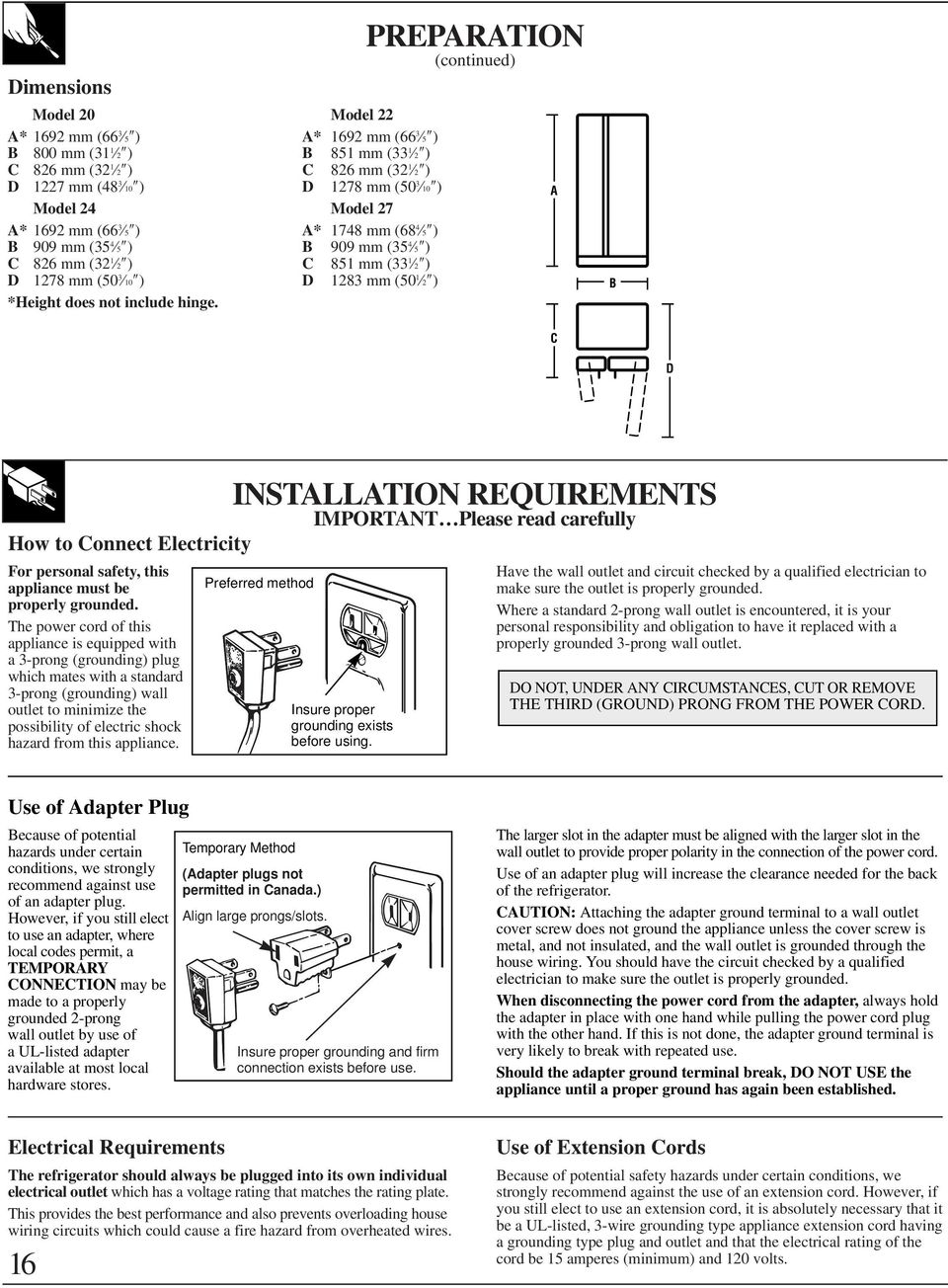 PREPARATION (continued) A B C D INSTALLATION REQUIREMENTS IMPORTANT Please read carefully How to Connect Electricity For personal safety, this appliance must be properly grounded.