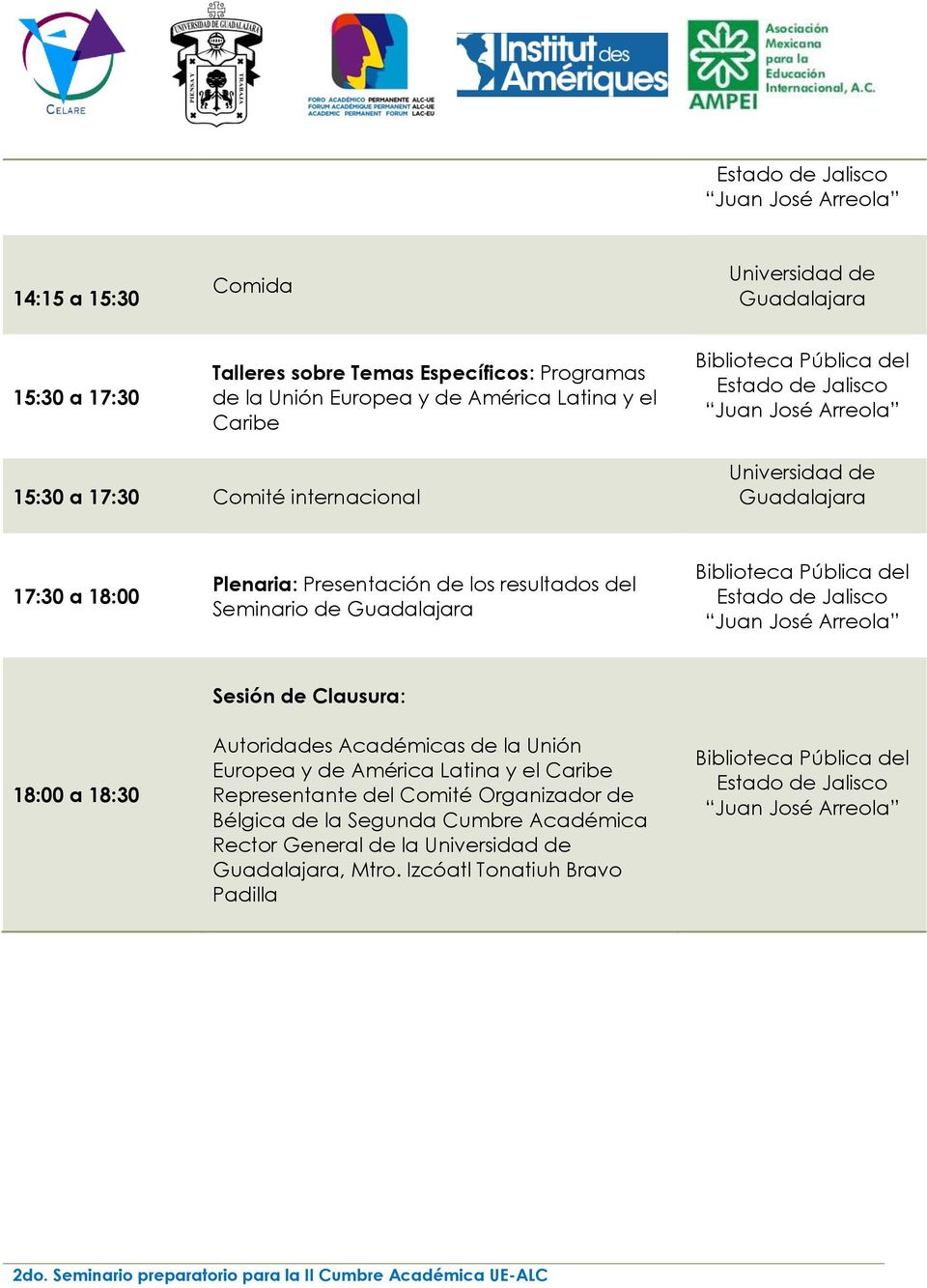 18:00 a 18:30 Sesión de Clausura: Autoridades Académicas de la Unión Europea y de América Latina y el Caribe