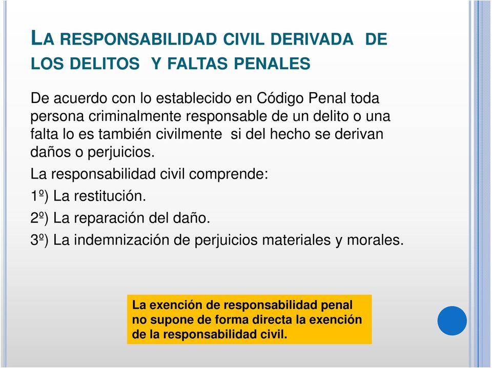 perjuicios. La responsabilidad civil comprende: 1º) La restitución. 2º) La reparación del daño.