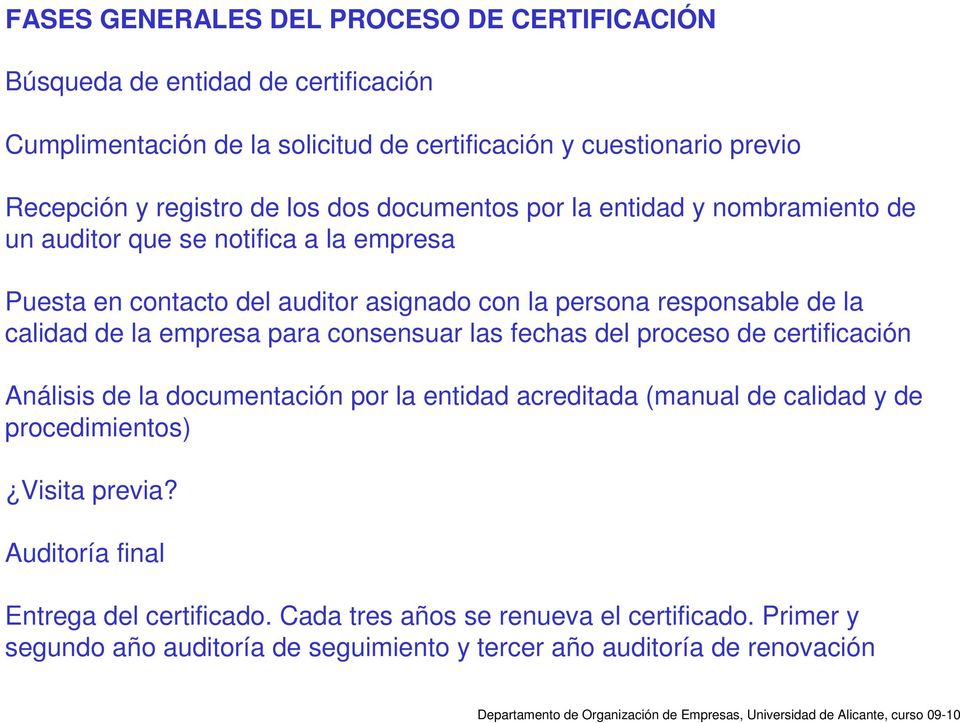 calidad de la empresa para consensuar las fechas del proceso de certificación Análisis de la documentación por la entidad acreditada (manual de calidad y de procedimientos)