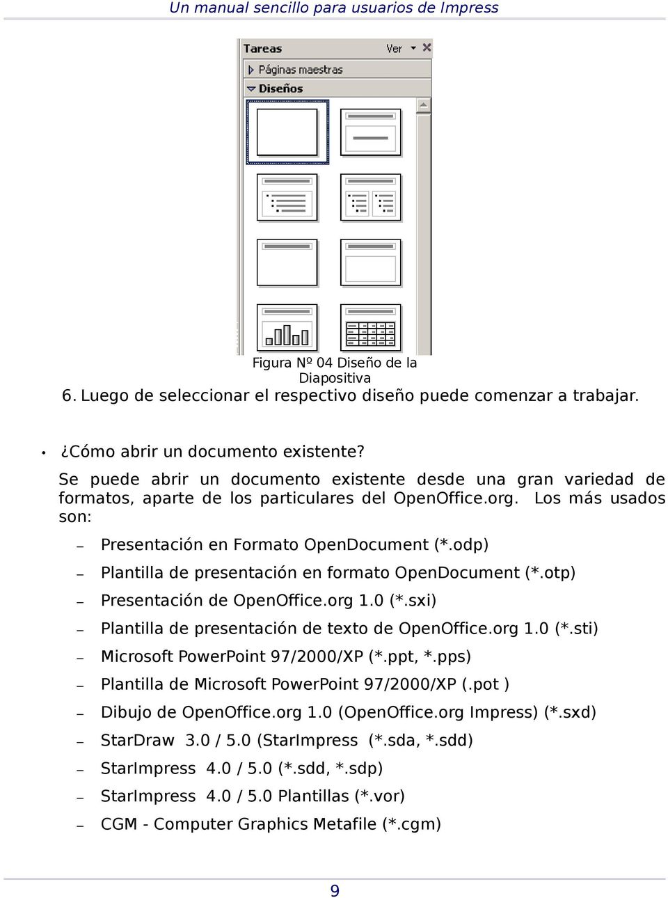 odp) Plantilla de presentación en formato OpenDocument (*.otp) Presentación de OpenOffice.org 1.0 (*.sxi) Plantilla de presentación de texto de OpenOffice.org 1.0 (*.sti) Microsoft PowerPoint 97/2000/XP (*.