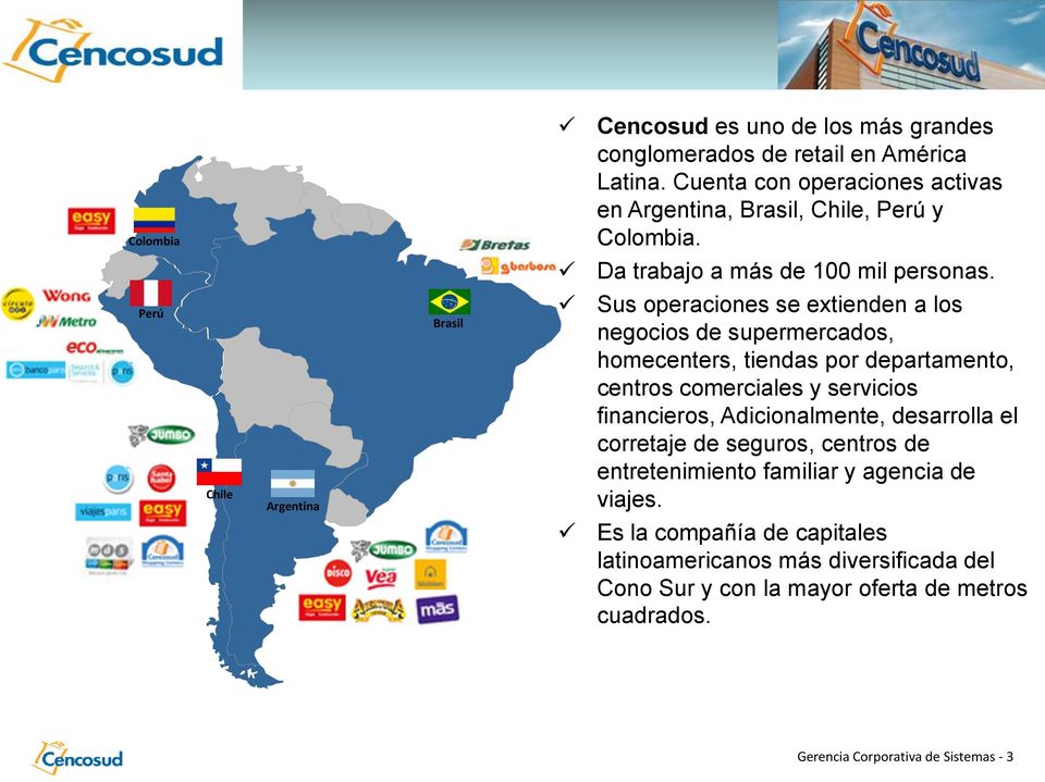 Perú Chile Argentina Brasil Sus operaciones se extienden a los negocios de supermercados, homecenters, tiendas por departamento, centros comerciales y