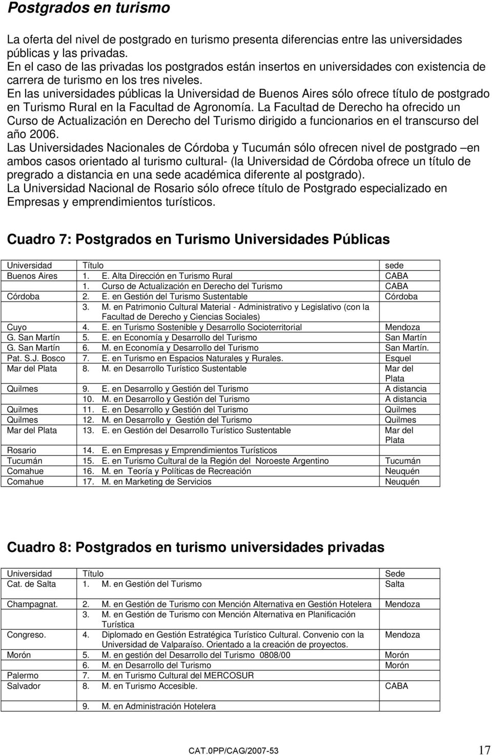 En las universidades públicas la Universidad de Buenos Aires sólo ofrece título de postgrado en Turismo Rural en la Facultad de Agronomía.