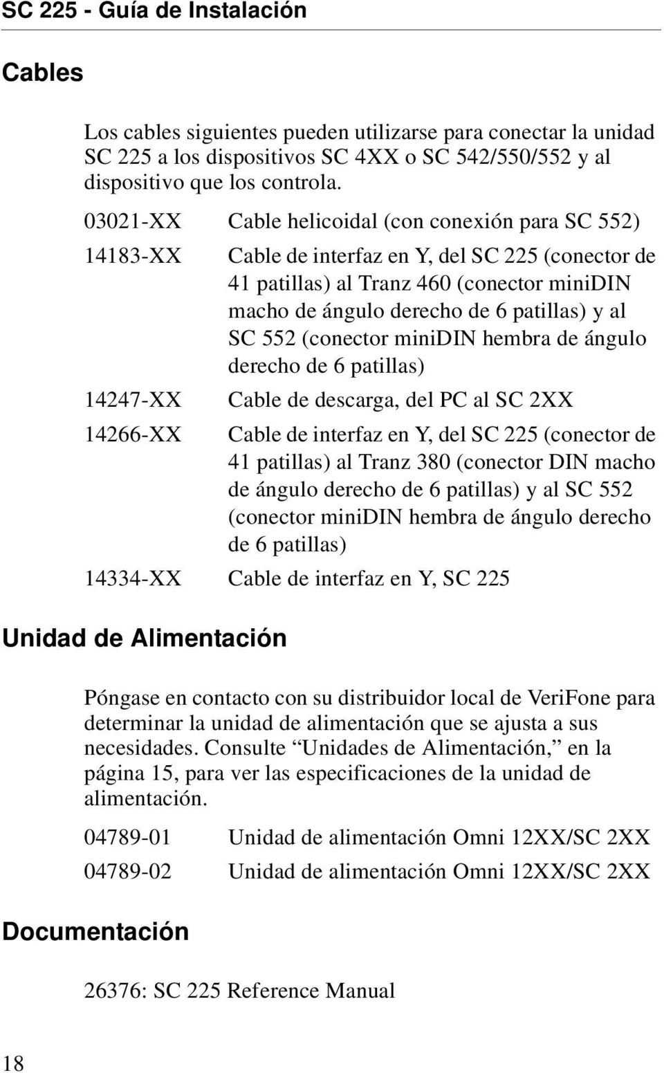 SC 552 (conector minidin hembra de ángulo derecho de 6 patillas) 14247-XX Cable de descarga, del PC al SC 2XX 14266-XX Cable de interfaz en Y, del SC 225 (conector de 41 patillas) al Tranz 380