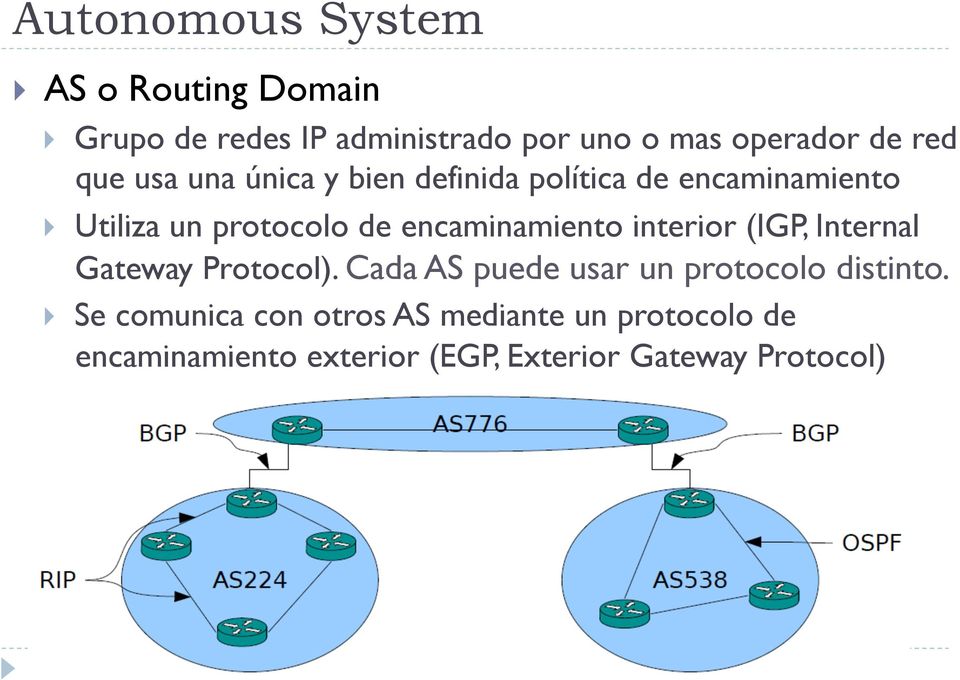 encaminamiento interior (IGP, Internal Gateway Protocol). Cada AS puede usar un protocolo distinto.