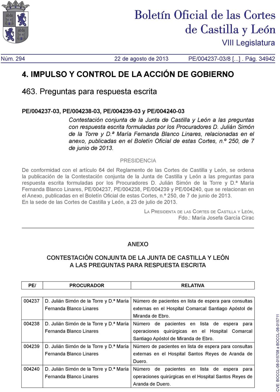 Procuradores D. Julián Simón de la Torre y D.ª María Fernanda Blanco Linares, relacionadas en el anexo, publicadas en el Boletín Oficial de estas Cortes, n.º 250, de 7 de junio de 2013.