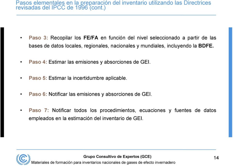 mundiales, incluyendo la BDFE. Paso 4: Estimar las emisiones y absorciones de GEI. Paso 5: Estimar la incertidumbre aplicable.