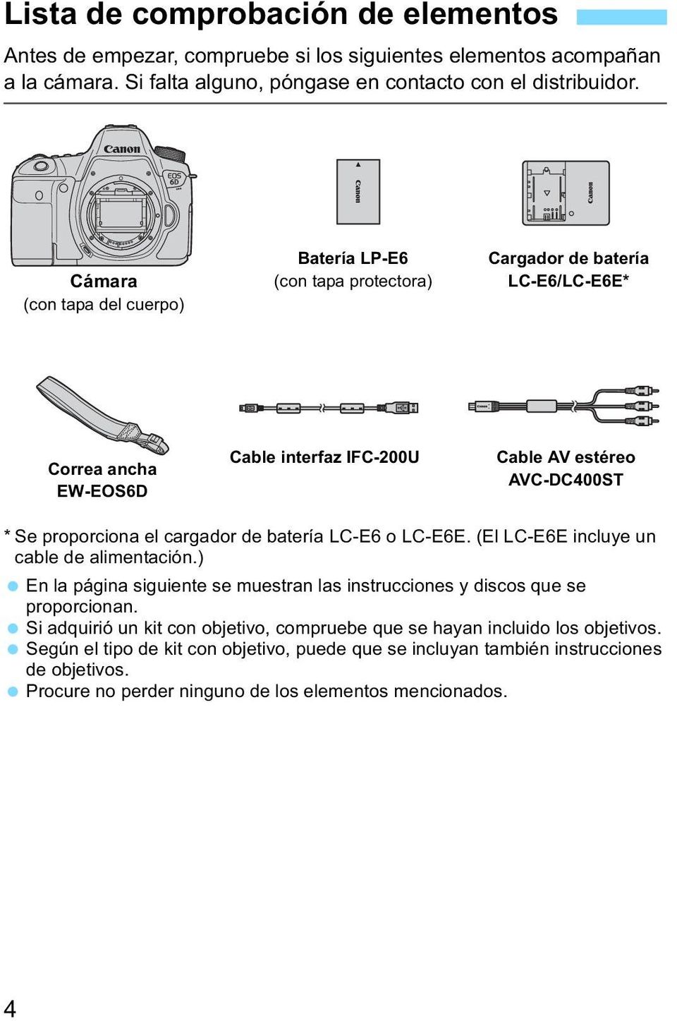 el cargador de batería LC-E6 o LC-E6E. (El LC-E6E incluye un cable de alimentación.) En la página siguiente se muestran las instrucciones y discos que se proporcionan.