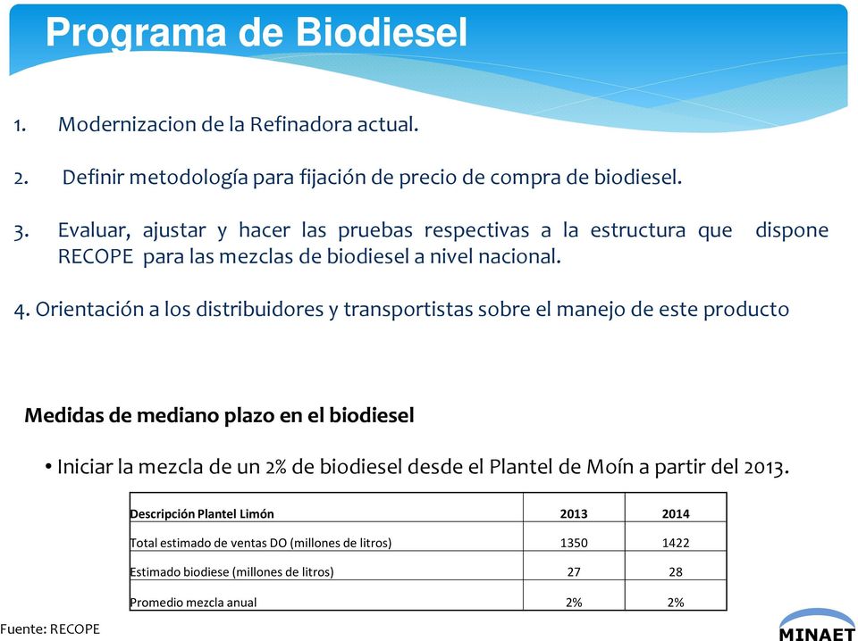 Orientación a los distribuidores y transportistas sobre el manejo de este producto Medidas de mediano plazo en el biodiesel Iniciar la mezcla de un 2% de biodiesel