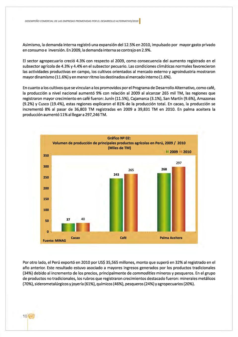 3% con respecto al 2009, como consecuencia del aumento registrado en el subsector agrícola de 4.3% y 4.4% en el subsector pecuario.
