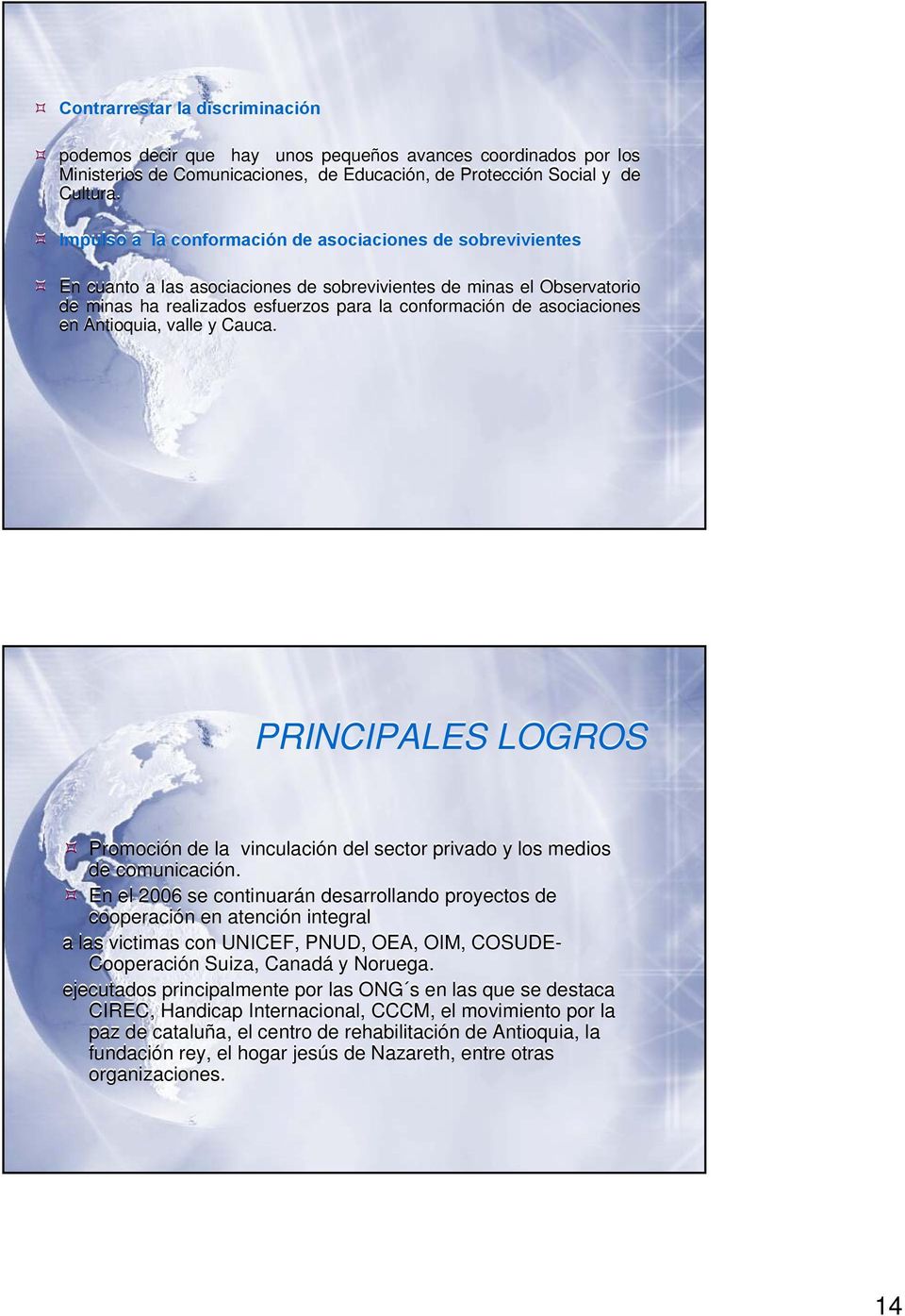 asociaciones en Antioquia, valle y Cauca. PRINCIPALES LOGROS PRINCIPALES LOGROS Promoción de la vinculación del sector privado y los medios de comunicación.