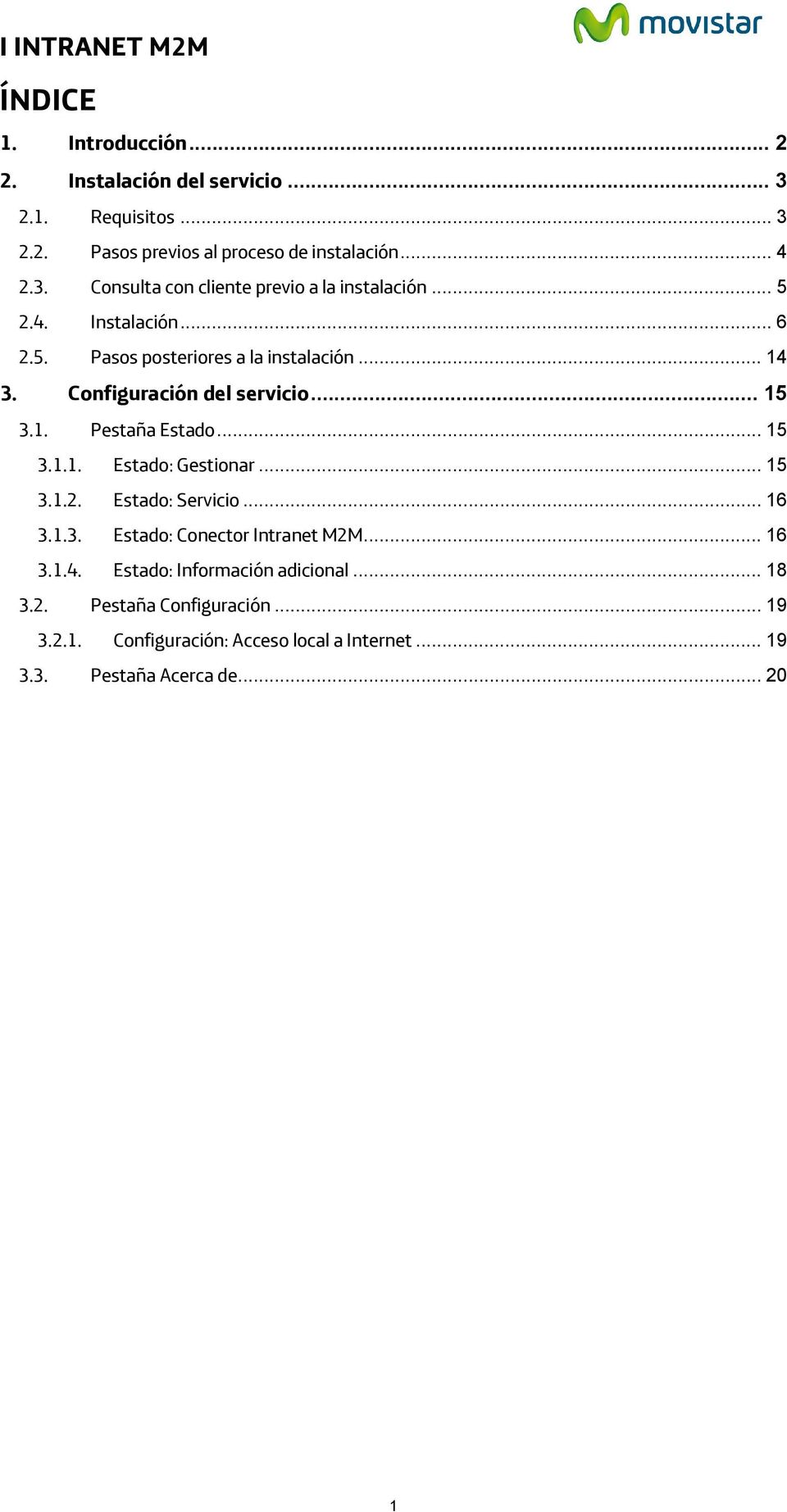 .. 15 3.1.2. Estado: Servicio... 16 3.1.3. Estado: Conector Intranet M2M... 16 3.1.4. Estado: Información adicional... 18 3.2. Pestaña Configuración.