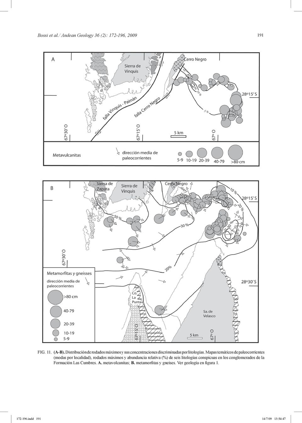 Mapas temáticos de paleocorrientes (modas por localidad), rodados máximos y abundancia relativa (%) de seis