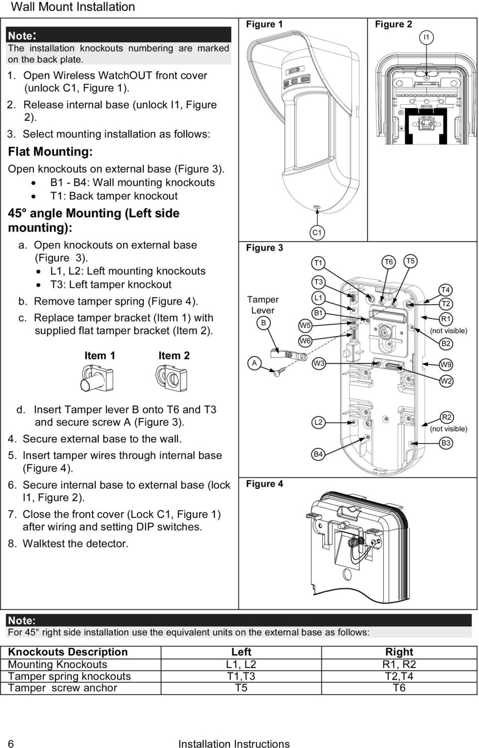B - B4: Wall mounting knockouts T: Back tamper knockout 45 angle Mounting (Left side mounting): a. Open knockouts on external base (Figure 3).