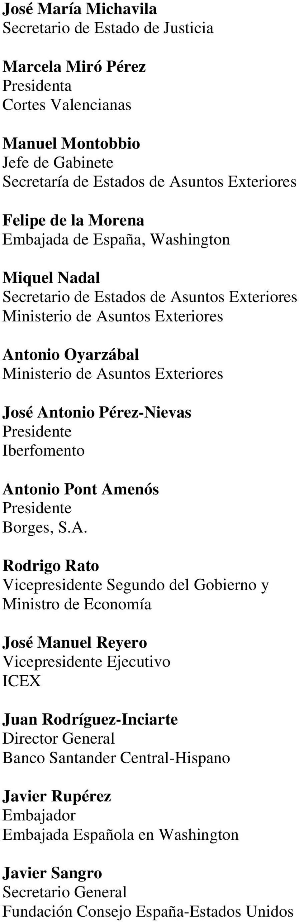 Antonio Pont Amenós Borges, S.A. Rodrigo Rato Vicepresidente Segundo del Gobierno y Ministro de Economía José Manuel Reyero Vicepresidente Ejecutivo ICEX Juan
