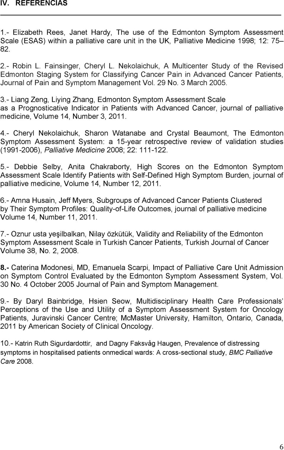 29 No. 3 March 2005. 3.- Liang Zeng, Liying Zhang, Edmonton Symptom Assessment Scale as a Prognosticative Indicator in Patients with Advanced Cancer, journal of palliative medicine, Volume 14, Number 3, 2011.