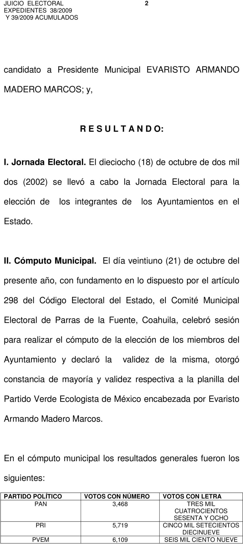 El día veintiuno (21) de octubre del presente año, con fundamento en lo dispuesto por el artículo 298 del Código Electoral del Estado, el Comité Municipal Electoral de Parras de la Fuente, Coahuila,