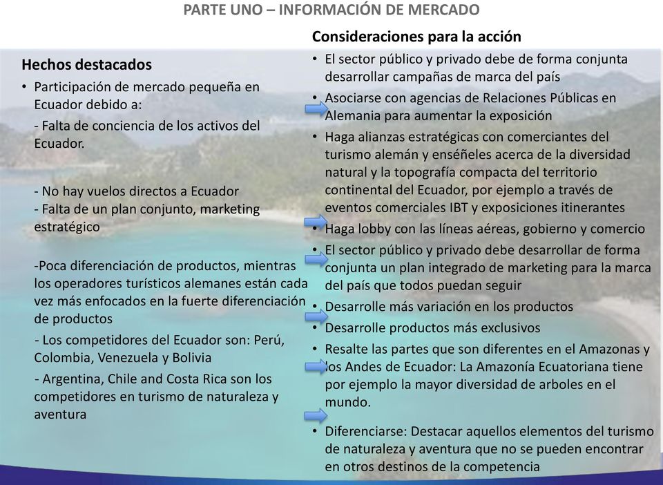 fuerte diferenciación de productos - Los competidores del Ecuador son: Perú, Colombia, Venezuela y Bolivia - Argentina, Chile and Costa Rica son los competidores en turismo de naturaleza y aventura