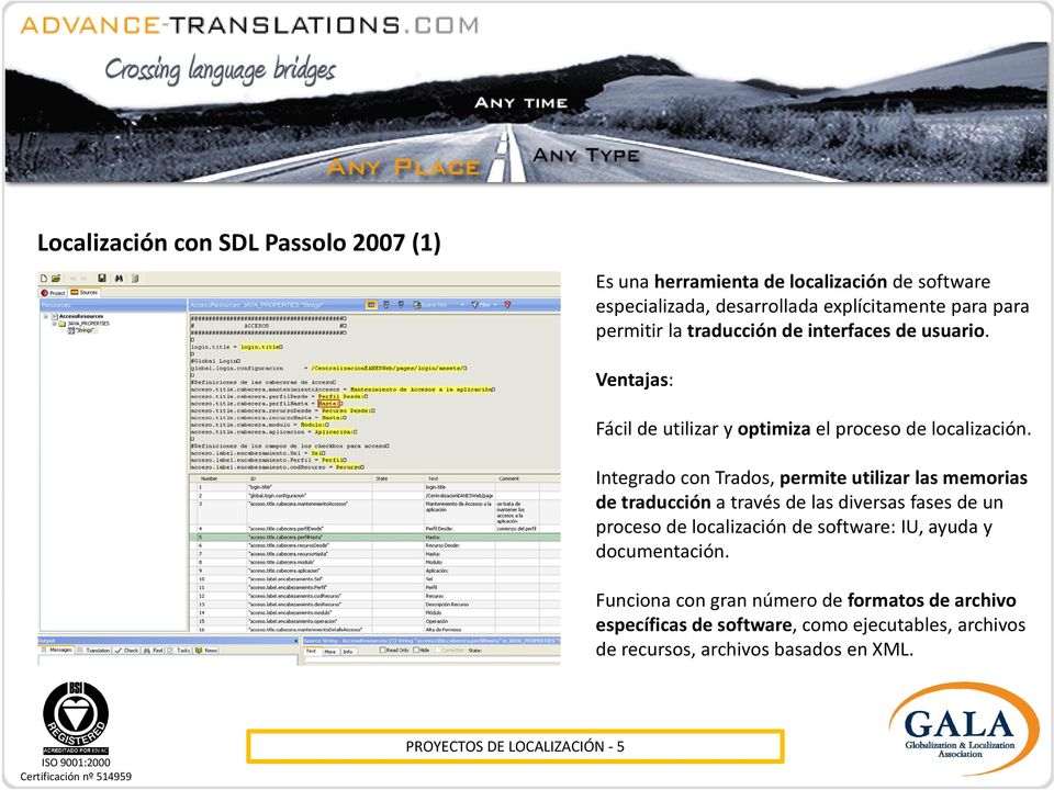 Integrado con Trados, permite utilizar las memorias de traducción a través de las diversas fases de un proceso de localización de software: IU,