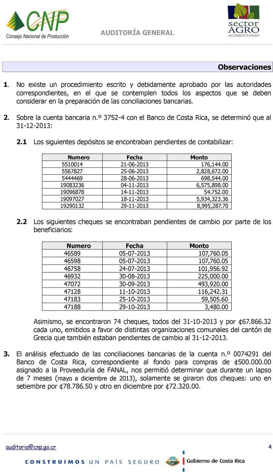 conciliaciones bancarias. 2. Sobre la cuenta bancaria n.º 3752-4 con el Banco de Costa Rica, se determinó que al 31-12-2013: 2.