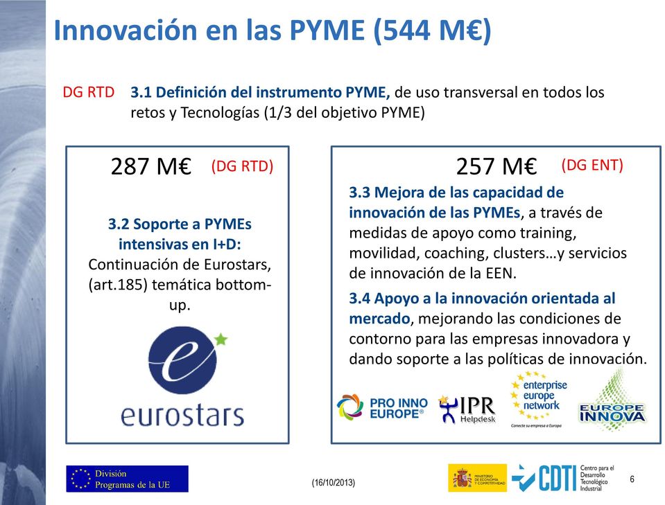 2 Soporte a PYMEs intensivas en I+D: Continuación de Eurostars, (art.185) temática bottomup. 3.
