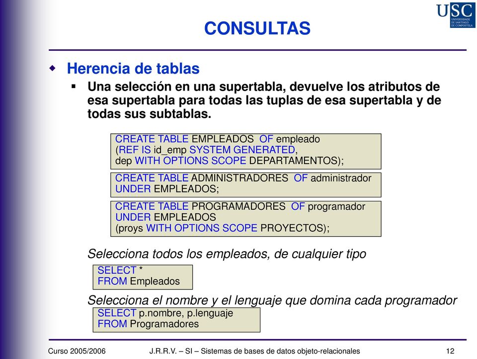 CREATE TABLE EMPLEADOS OF empleado (REF IS id_emp SYSTEM GENERATED, dep WITH OPTIONS SCOPE DEPARTAMENTOS); CREATE TABLE ADMINISTRADORES OF administrador