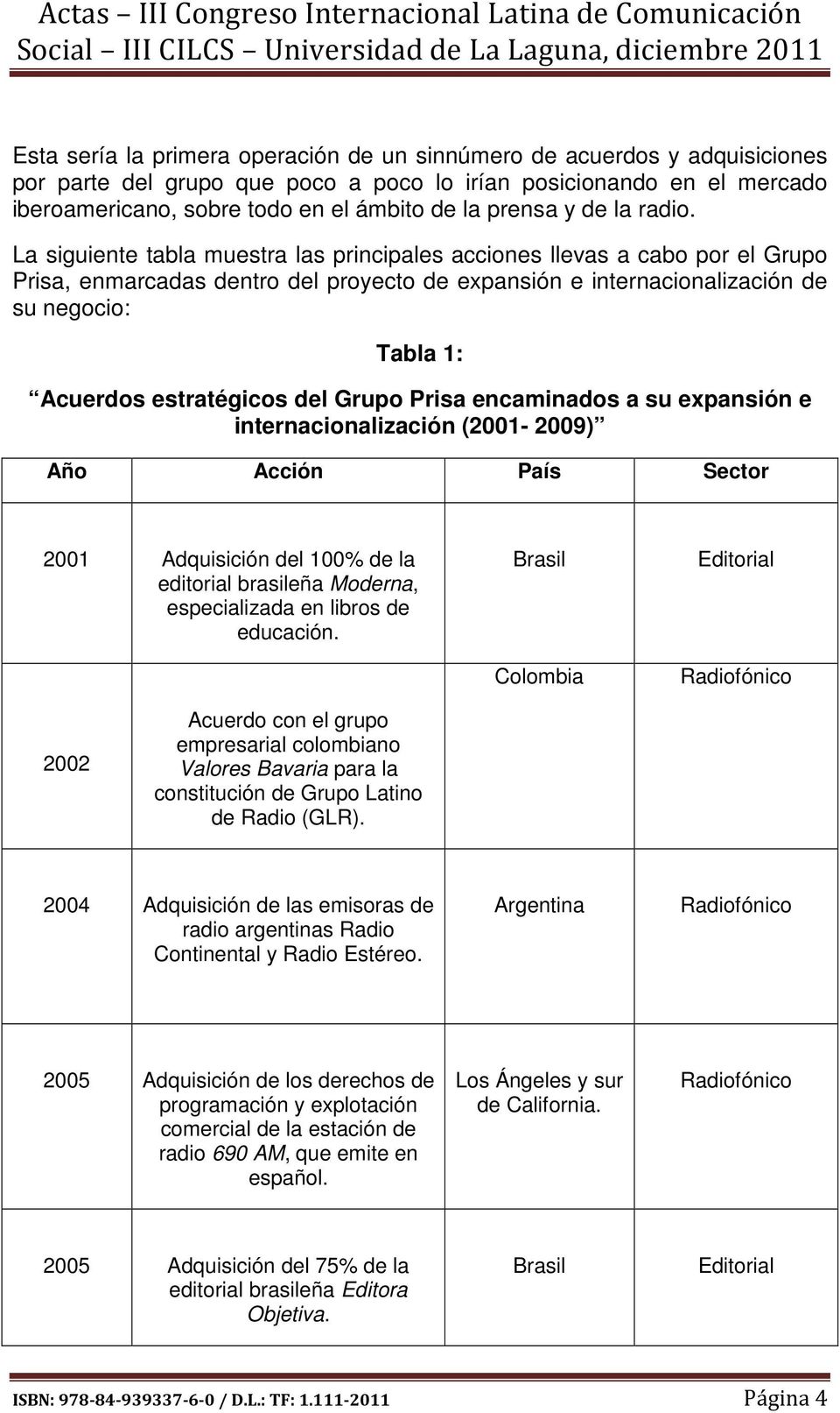 La siguiente tabla muestra las principales acciones llevas a cabo por el Grupo Prisa, enmarcadas dentro del proyecto de expansión e internacionalización de su negocio: Tabla 1: Acuerdos estratégicos