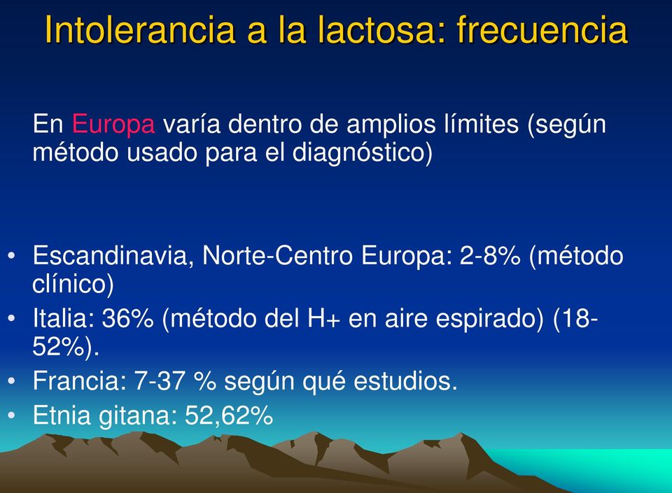 Norte-Centro Europa: 2-8% (método clínico) Italia: 36% (método del H+ en