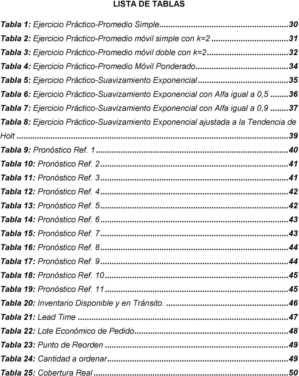 .. 36 Tabla 7: Ejercicio Práctico-Suavizamiento Exponencial con Alfa igual a 0,9... 37 Tabla 8: Ejercicio Práctico-Suavizamiento Exponencial ajustada a la Tendencia de Holt.