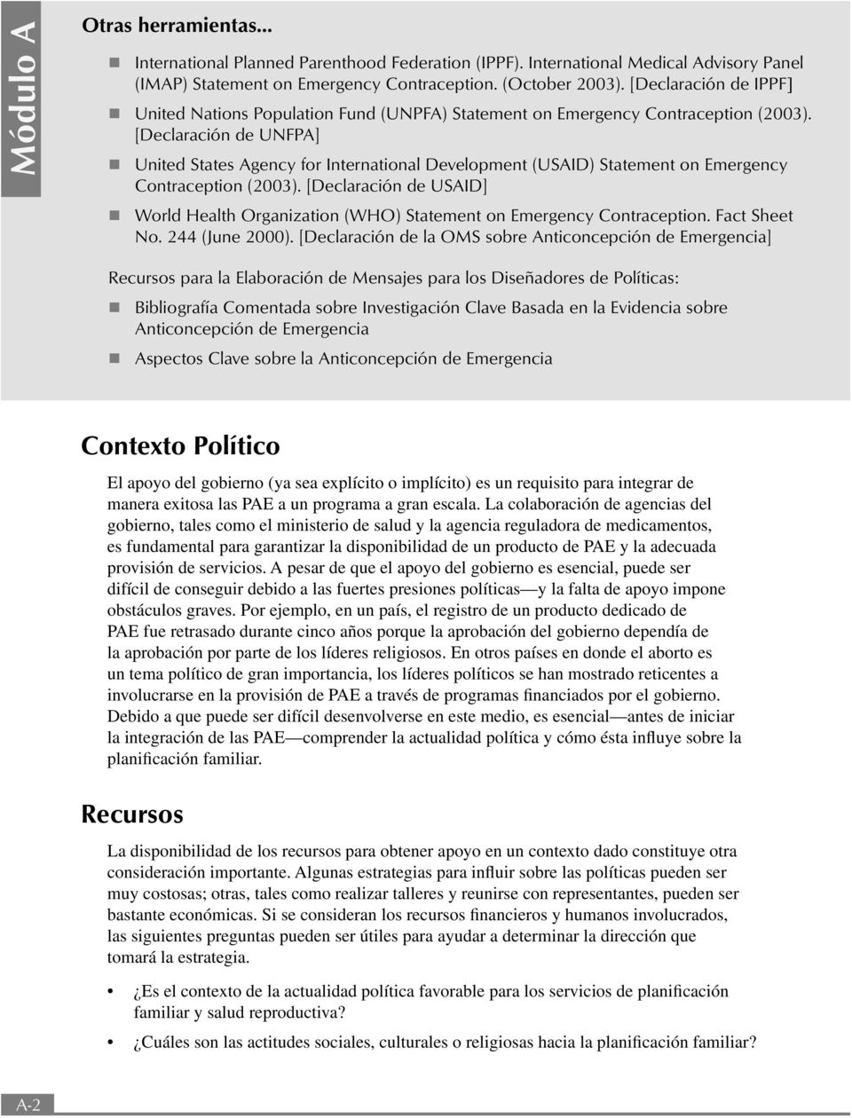 [Declaración de UNFPA] United States Agency for International Development (USAID) Statement on Emergency Contraception (2003).