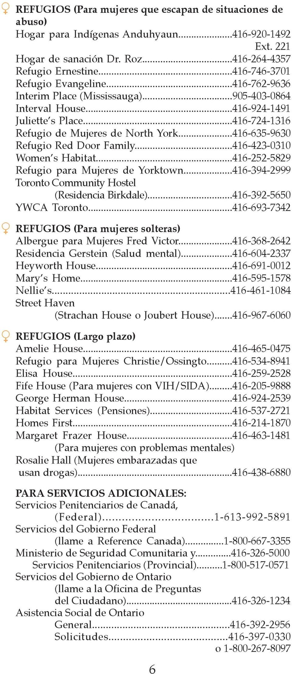 ..416-635-9630 Refugio Red Door Family...416-423-0310 Women s Habitat...416-252-5829 Refugio para Mujeres de Yorktown...416-394-2999 Toronto Community Hostel (Residencia Birkdale).
