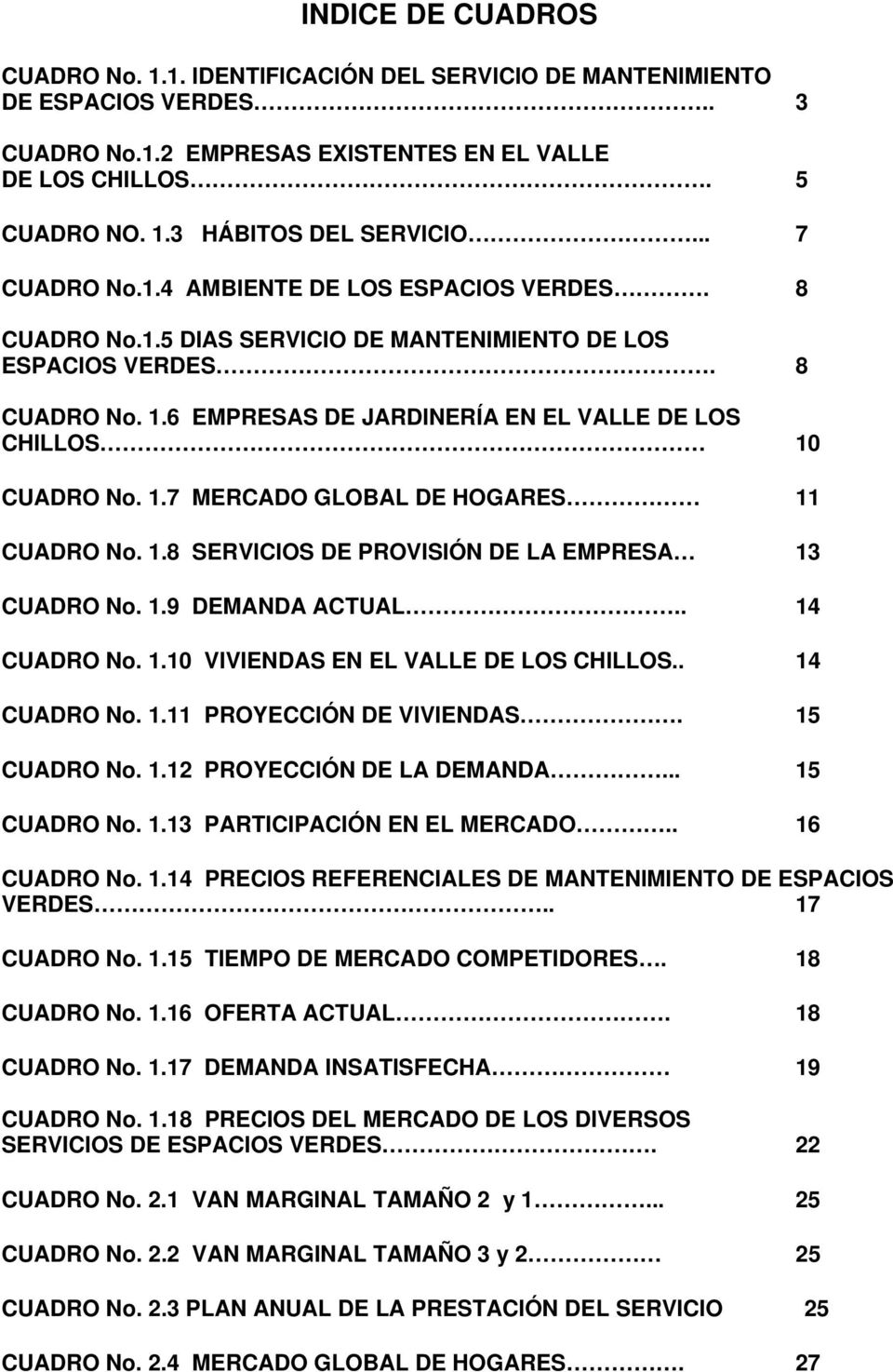 6 EMPRESAS DE JARDINERÍA EN EL VALLE DE LOS CHILLOS 10 CUADRO No. 1.7 MERCADO GLOBAL DE HOGARES 11 CUADRO No. 1.8 SERVICIOS DE PROVISIÓN DE LA EMPRESA 13 CUADRO No. 1.9 DEMANDA ACTUAL.. 14 CUADRO No.