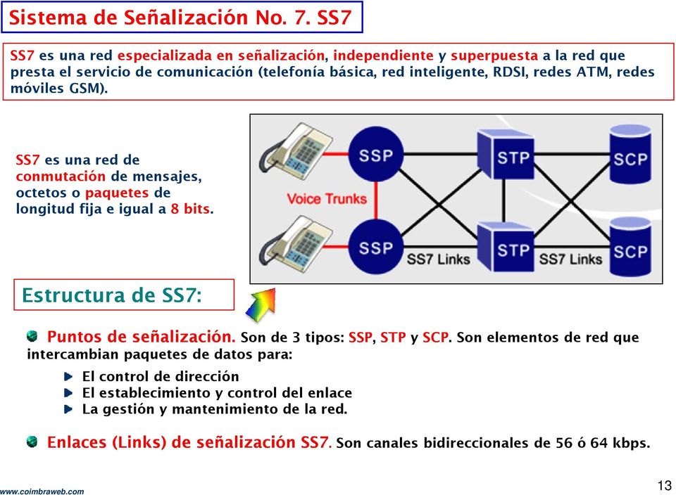 RDSI, redes ATM, redes móviles GSM). SS7 es una red de conmutación de mensajes, octetos o paquetes de longitud fija e igual a 8 bits.