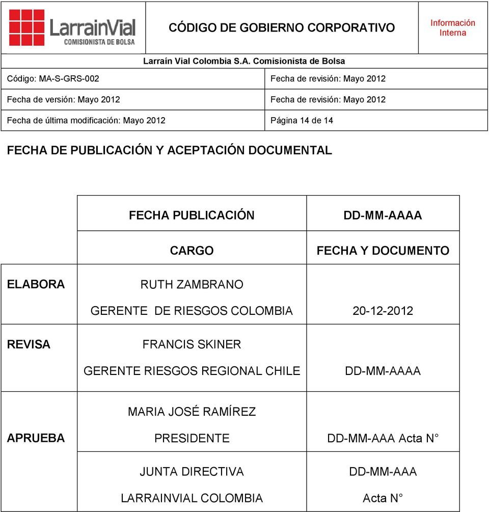 RIESGOS COLOMBIA 20-12-2012 REVISA FRANCIS SKINER GERENTE RIESGOS REGIONAL CHILE DD-MM-AAAA