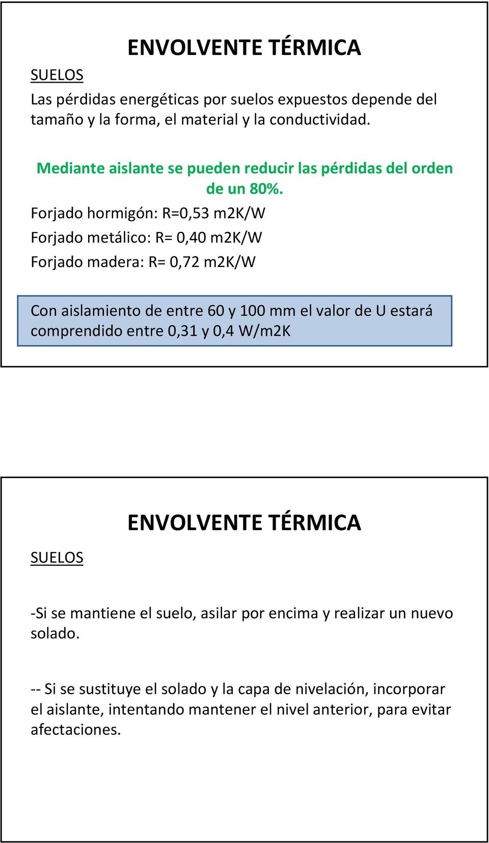Forjado hormigón: R=0,53 m2k/w Forjado metálico: R= 0,40 m2k/w Forjado madera: R= 0,72 m2k/w Con aislamiento de entre 60 y 100 mm el valor de U