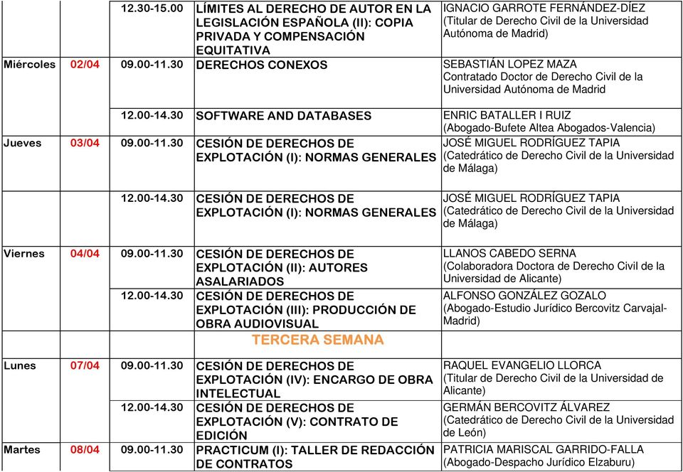 Miércoles 02/04 09.00-11.30 DERECHOS CONEXOS SEBASTIÁN LOPEZ MAZA Contratado Doctor de Derecho Civil de la Universidad Autónoma de Madrid 12.00-14.