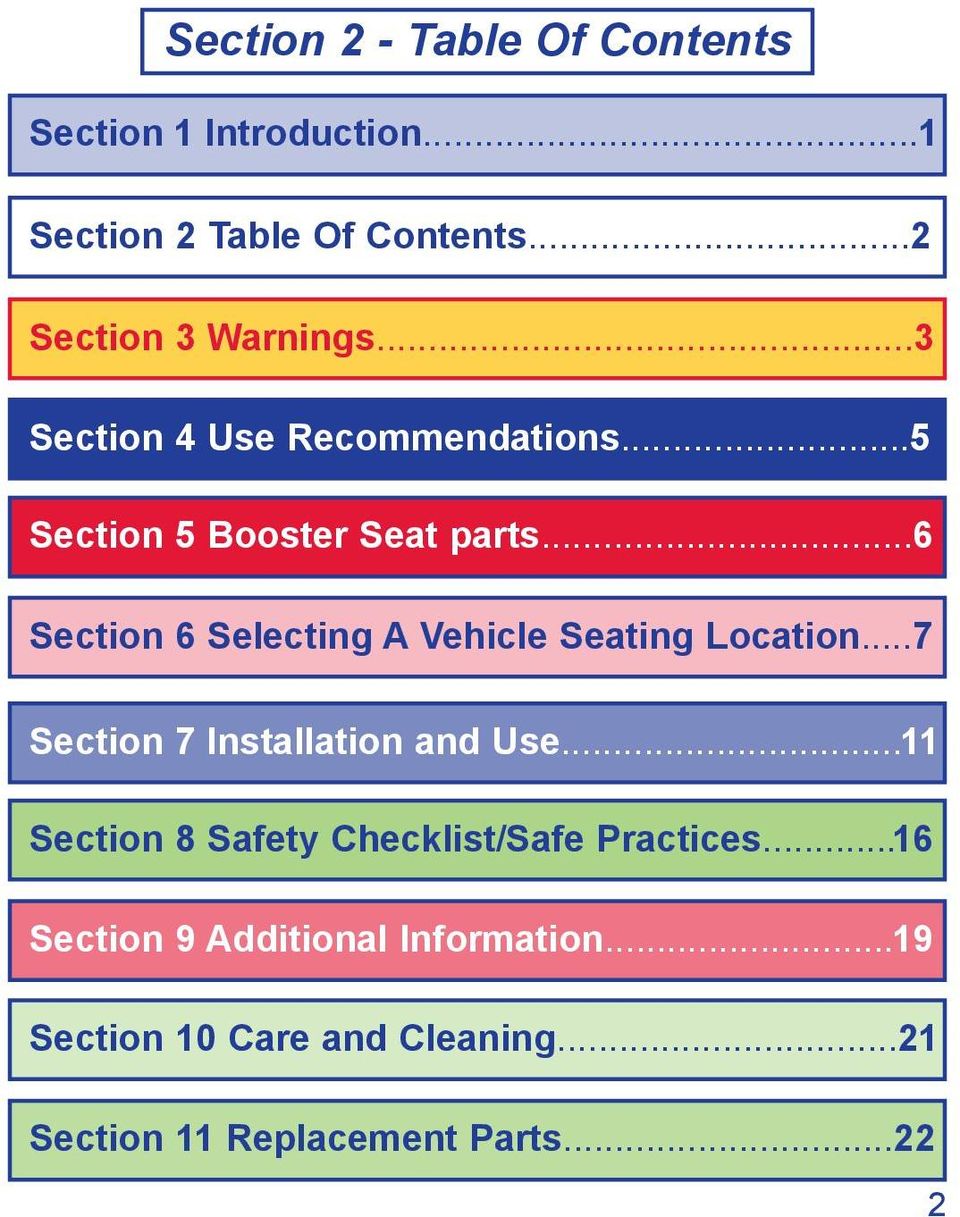 ..6 Section 6 Selecting A Vehicle Seating Location...7 Section 7 Installation and Use.