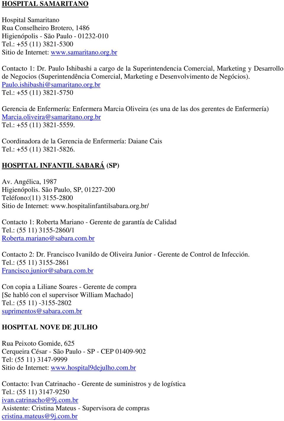 br Tel.: +55 (11) 3821-5750 Gerencia de Enfermería: Enfermera Marcia Oliveira (es una de las dos gerentes de Enfermería) Marcia.oliveira@samaritano.org.br Tel.: +55 (11) 3821-5559.