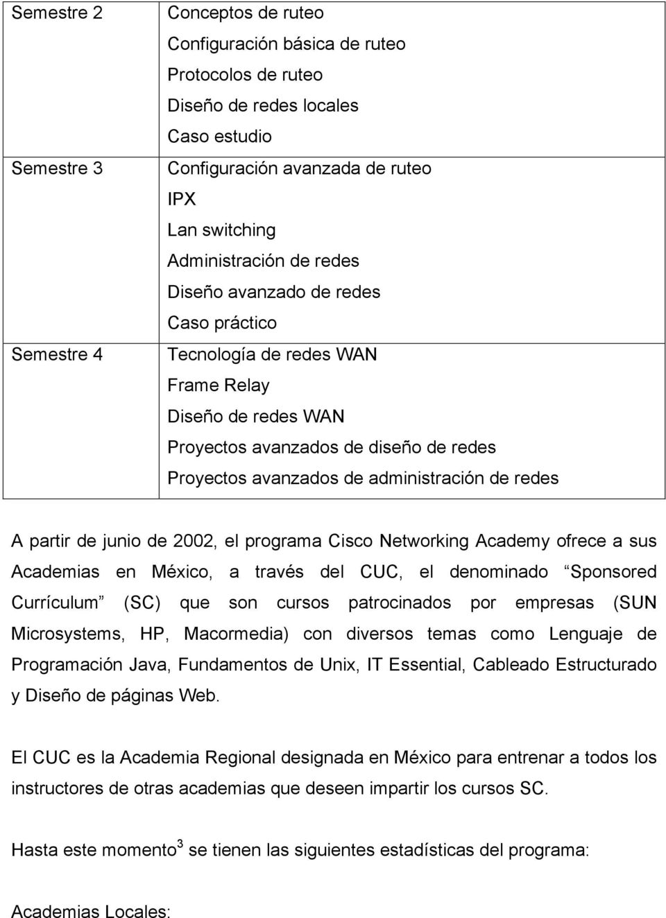 redes A partir de junio de 2002, el programa Cisco Networking Academy ofrece a sus Academias en México, a través del CUC, el denominado Sponsored Currículum (SC) que son cursos patrocinados por