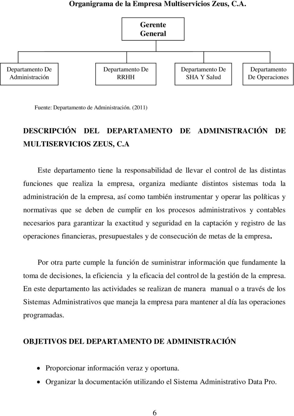 (2011) DESCRIPCIÓN DEL DEPARTAMENTO DE ADMINISTRACIÓN DE MULTISERVICIOS ZEUS, C.