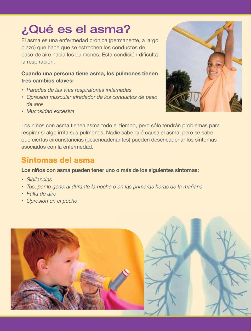 Los niños con asma tienen asma todo el tiempo, pero sólo tendrán problemas para respirar si algo irrita sus pulmones.