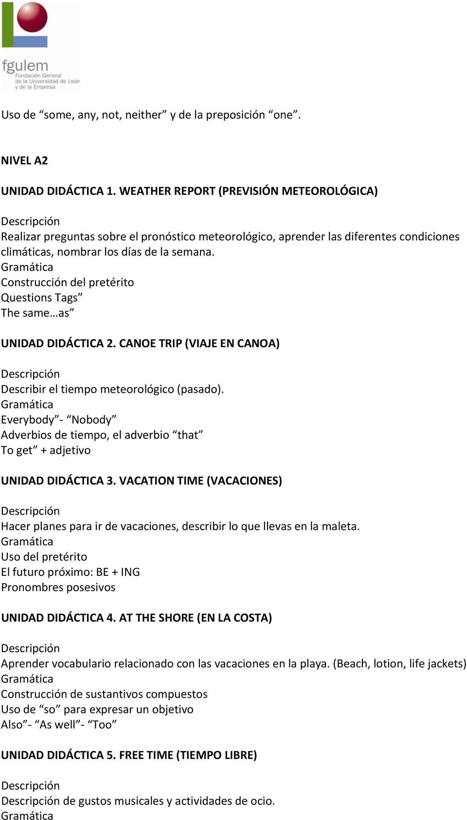 Construcción del pretérito Questions Tags The same as UNIDAD DIDÁCTICA 2. CANOE TRIP (VIAJE EN CANOA) Describir el tiempo meteorológico (pasado).