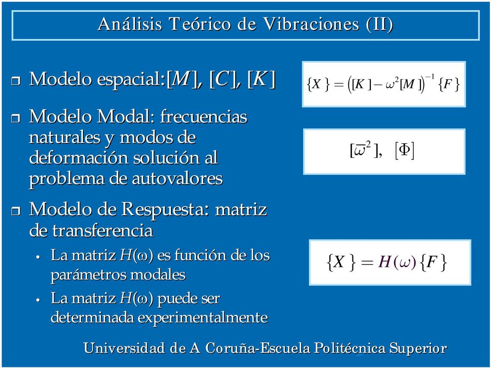 matriz de transferencia La matriz H(ω) ) es función n de los parámetros modales La matriz H(ω)