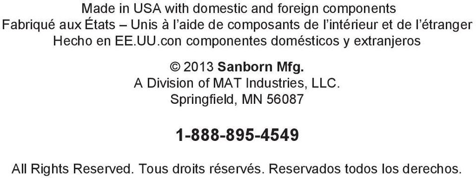 con componentes domésticos y extranjeros 2013 Sanborn Mfg.