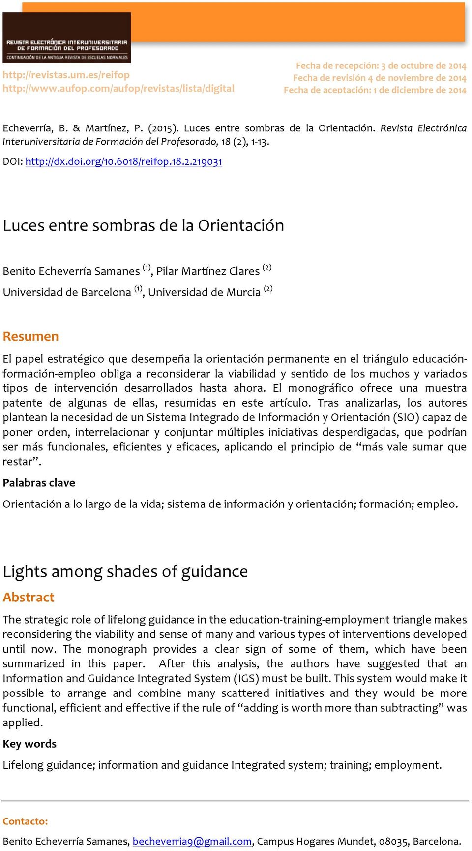 Luces entre sombras de la Orientación. Revista Electrónica Interuniversitaria de Formación del Profesorado, 18 (2)